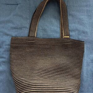 Striped Tote Bag - Black and Tan + Bucket Hat